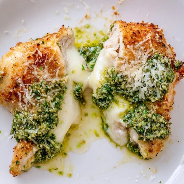 Perfectly cooked Mozzarella & Pesto Stuffed Chicken served with roasted vegetables, displaying tender meat stuffed with creamy mozzarella and fragrant basil pesto.