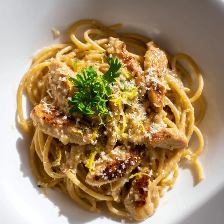Close up view of Brown Butter Lemon Chicken Pasta with grated Parmesan, showing a glossy buttery sauce clinging to the noodles.