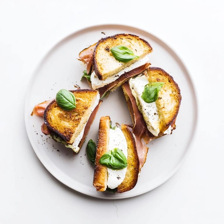 Close-up of a buttery Crispy Prosciutto & Burrata Grilled Cheese with crispy prosciutto and creamy cheese pull.