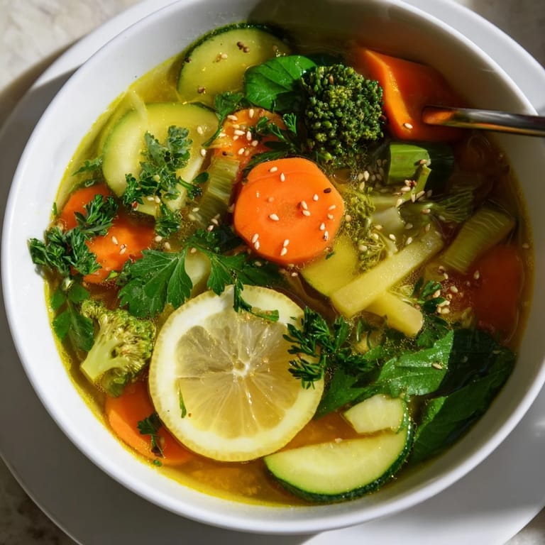 Warming Collagen-Boosting Broth Bowl featuring tender vegetables and rich broth.