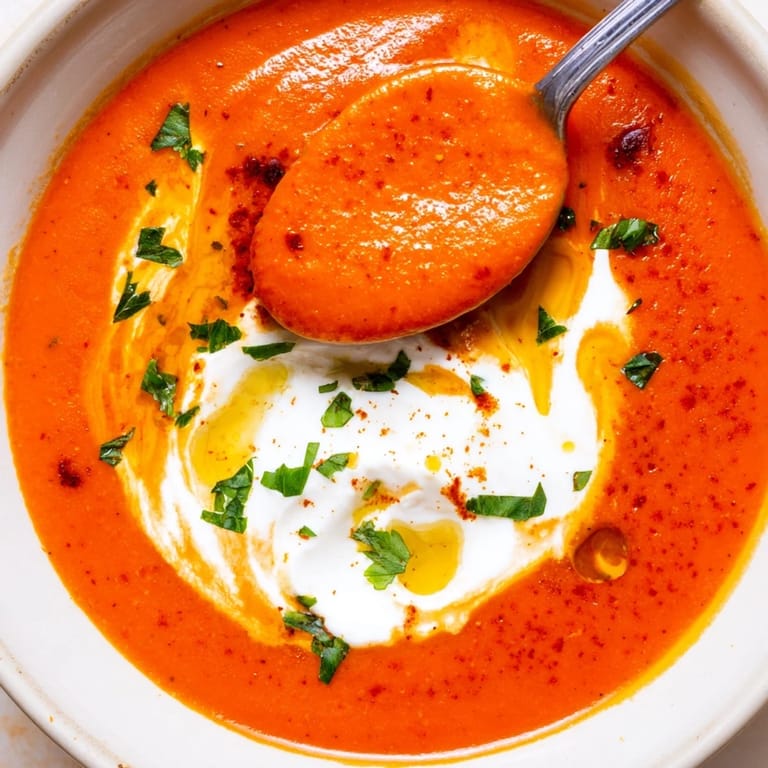 Silky roasted red pepper soup, perfect for a cozy meal with bread.