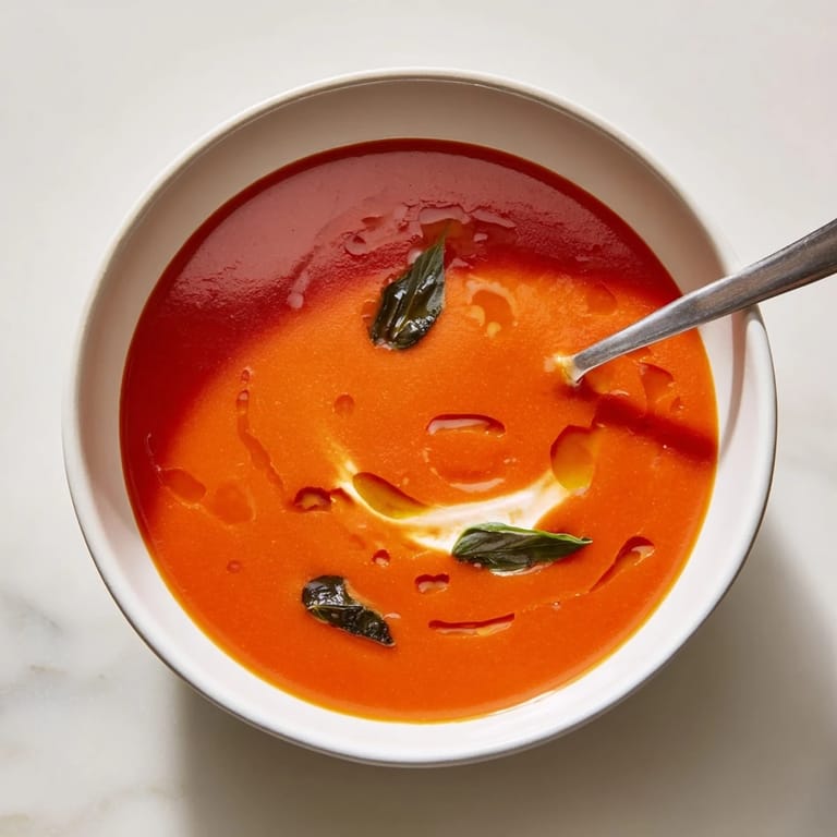 Creamy Tomato and Basil Soup served in a rustic bowl, steam rising from the rich, velvety red purée.  