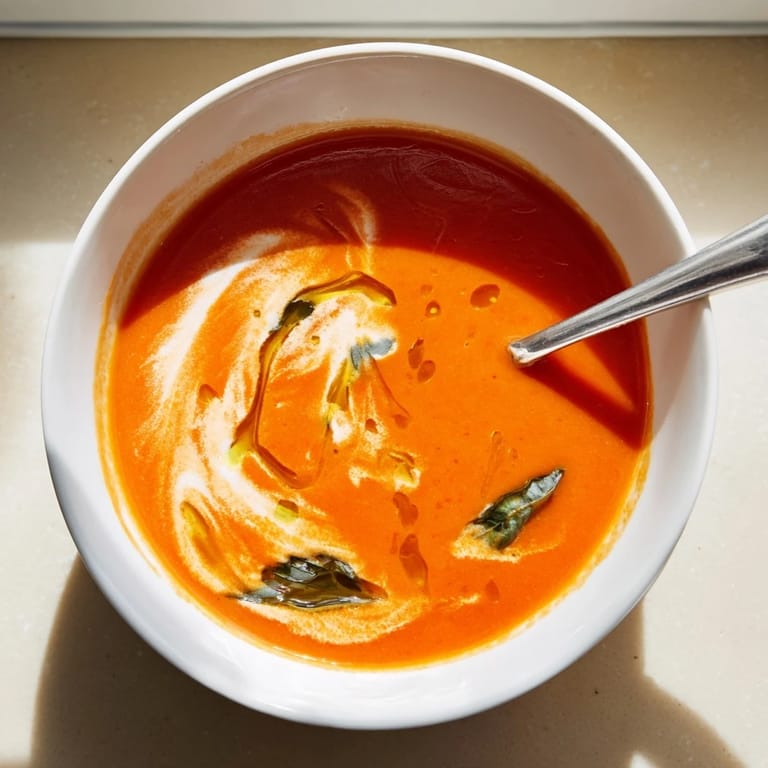 Close-up of homemade Tomato and Basil Soup, highlighting its smooth texture and aromatic basil garnish on top.