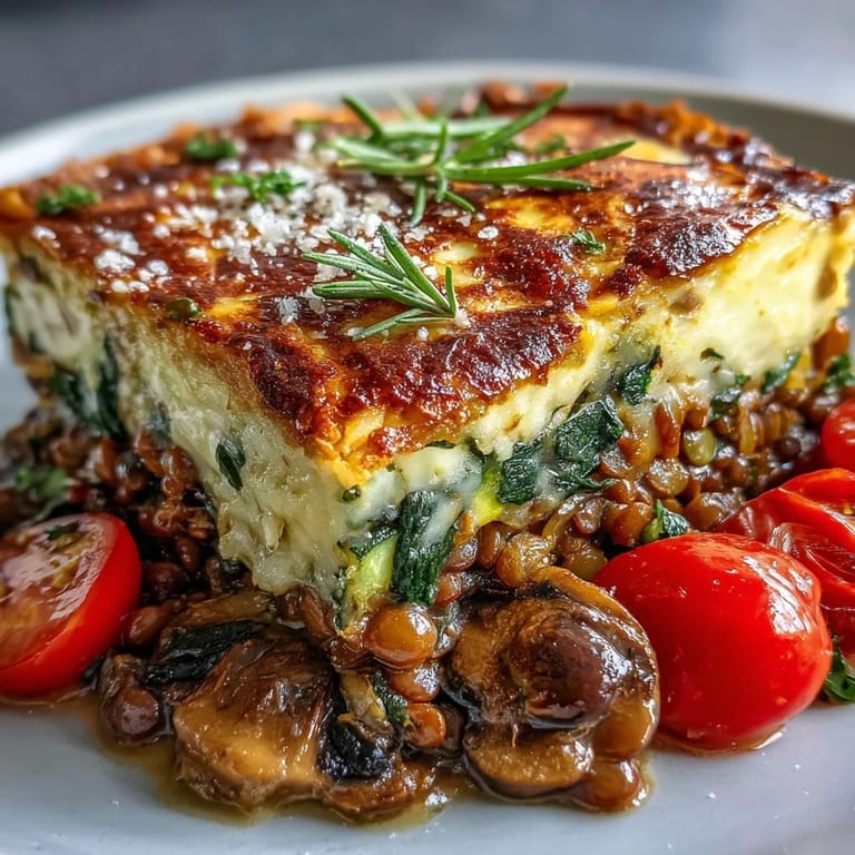 Rustic Green Lentil and Vegetable Casserole served hot with a fresh side salad and gluten-free bread.