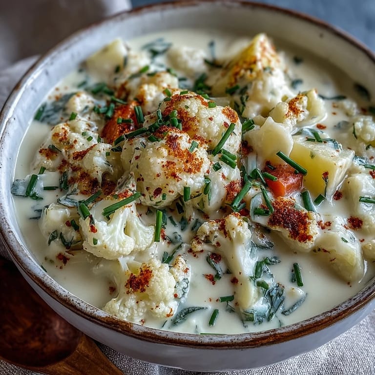 Creamy Vegetarian Cauliflower Chowder with tender potatoes and carrots served alongside crusty bread for dipping.