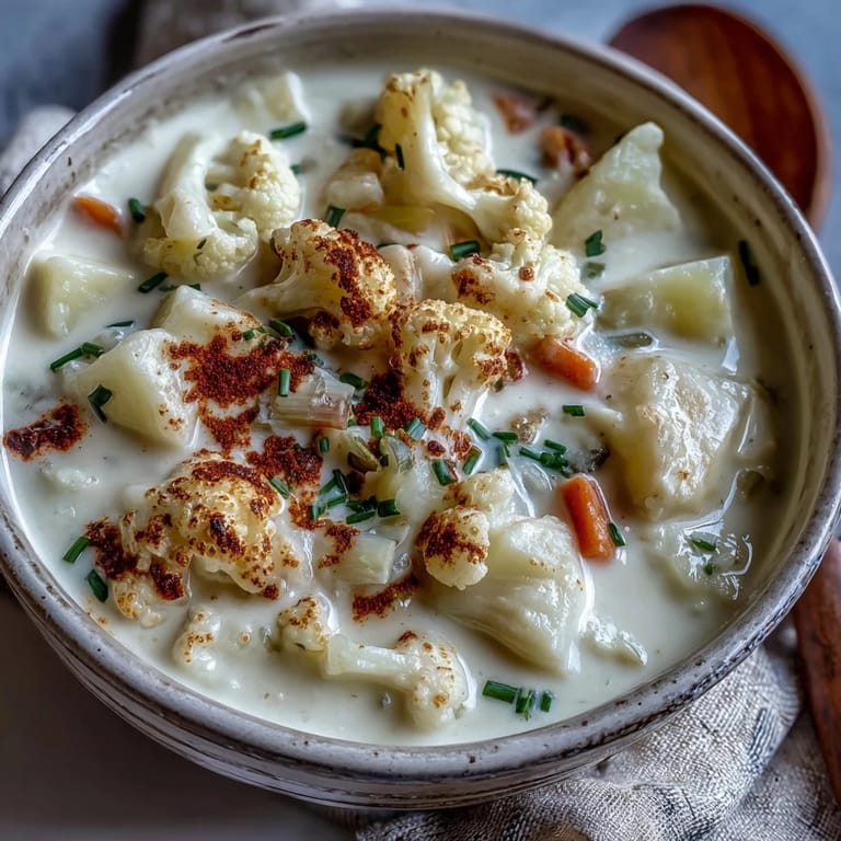 A hearty pot of Vegetarian Cauliflower Chowder simmering with cauliflower florets, carrots, and gentle thyme seasoning.