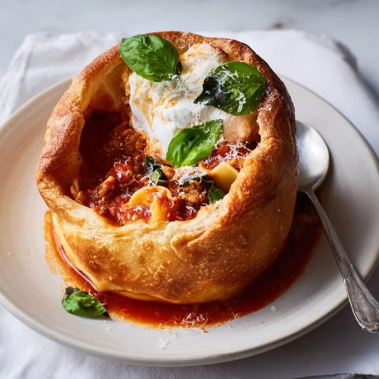 Delicious lasagne soup served in crispy croissant bowls, perfect for cozy dinners.  