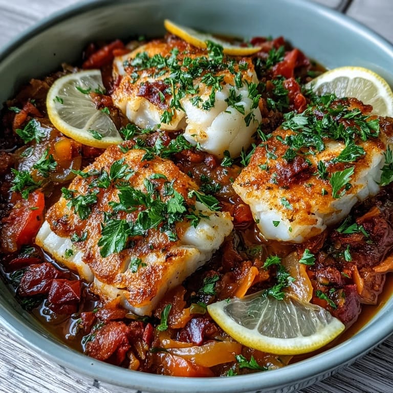 Savory Spiced Cod One Pot served steaming hot with flaky fillets, wilted spinach, and vibrant peppers in a tomato base.