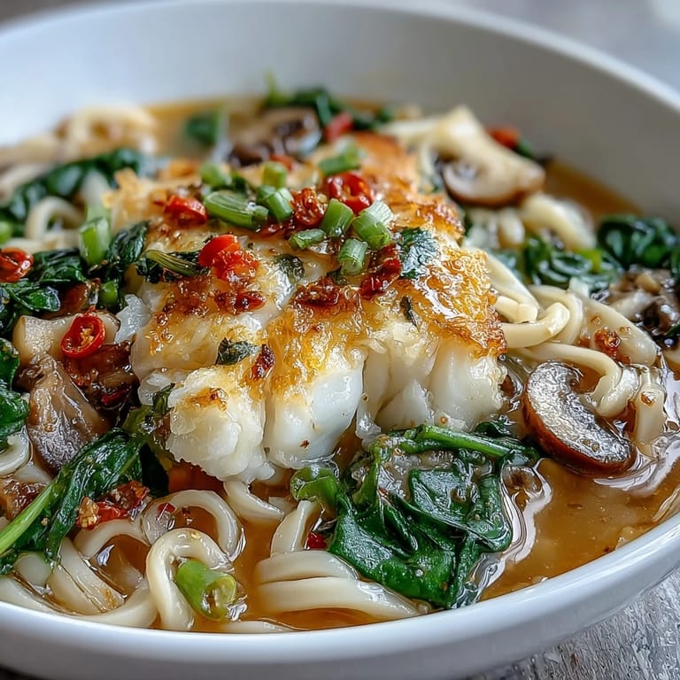 Tender poached cod resting in a rich coconut broth with silky udon noodles and sliced scallions.