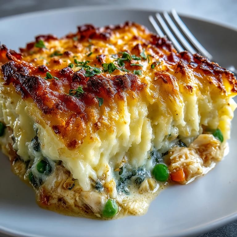 Close-up of rich curried fish pie filling with tender fish chunks, peas, and golden-brown mashed potato crust.
