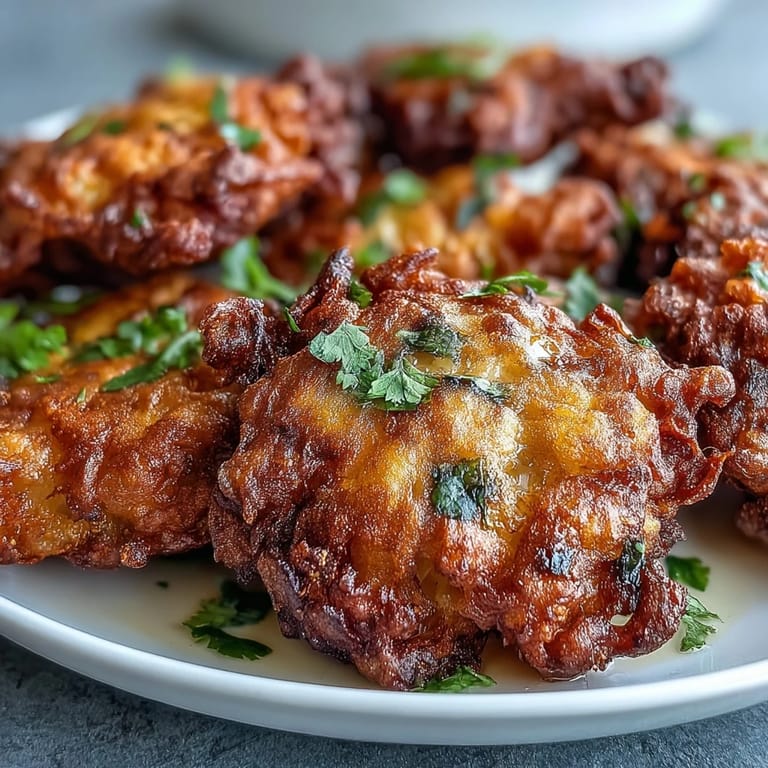 Freshly fried Cauliflower Bhajis feature a crispy chickpea flour batter and a cooling mint yogurt dip.