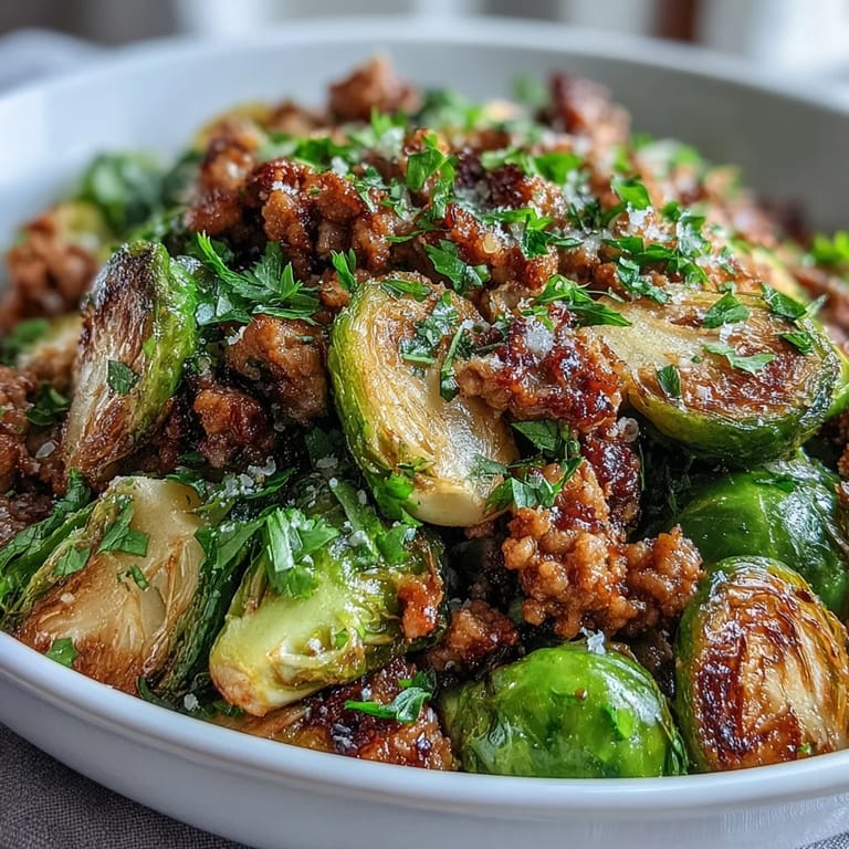 Brussels sprouts & ground turkey skillet served warm with a sprinkle of Parmesan and a lemon wedge, ideal for an easy dinner.
