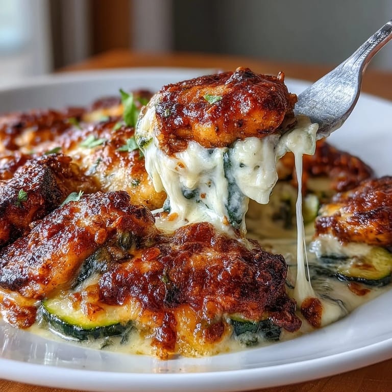 Sliced High Protein Chicken Zucchini Bake served on a white plate, featuring a gooey cheese pull and fresh parsley garnish for a delicious dinner.