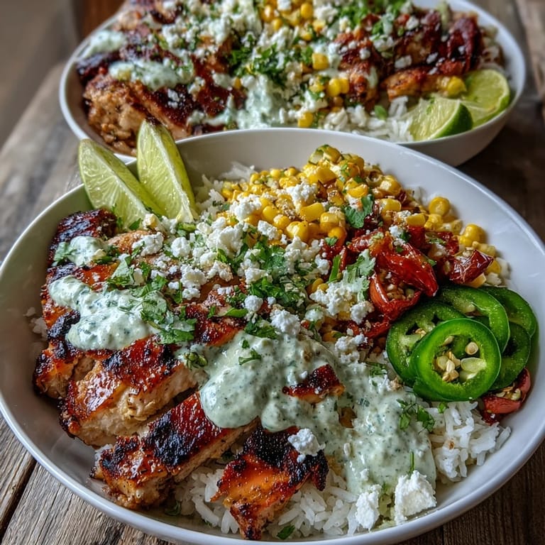Serve Street Corn Chicken and Rice Bowls with lime wedges and jalapeños for a zesty Mexican-inspired weeknight dinner that's colorful and hearty.