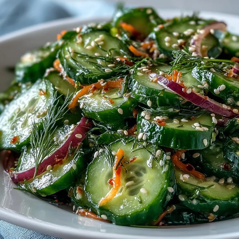Close-up of crunchy cucumber salad served on a platter, garnished with fresh herbs and sesame seeds, ready for a refreshing lunch side.