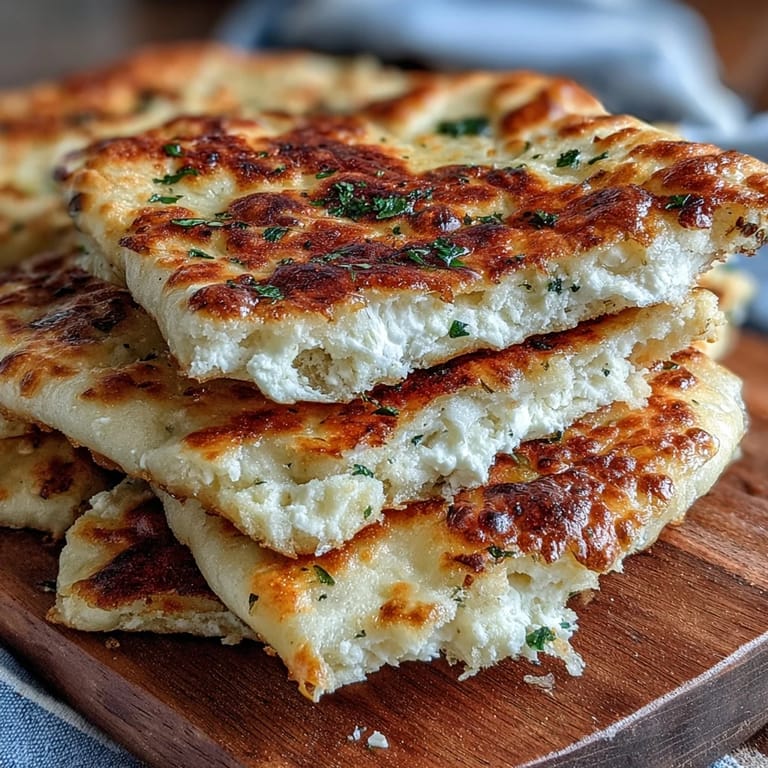 Stack of warm Fluffy Cottage Cheese Flatbreads ready for dipping into creamy hummus.