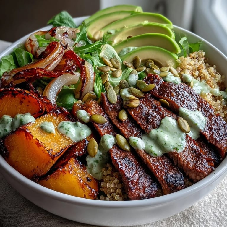 Butternut squash steak bowls topped with avocado and pepitas, drizzled with cilantro lime dressing over quinoa.