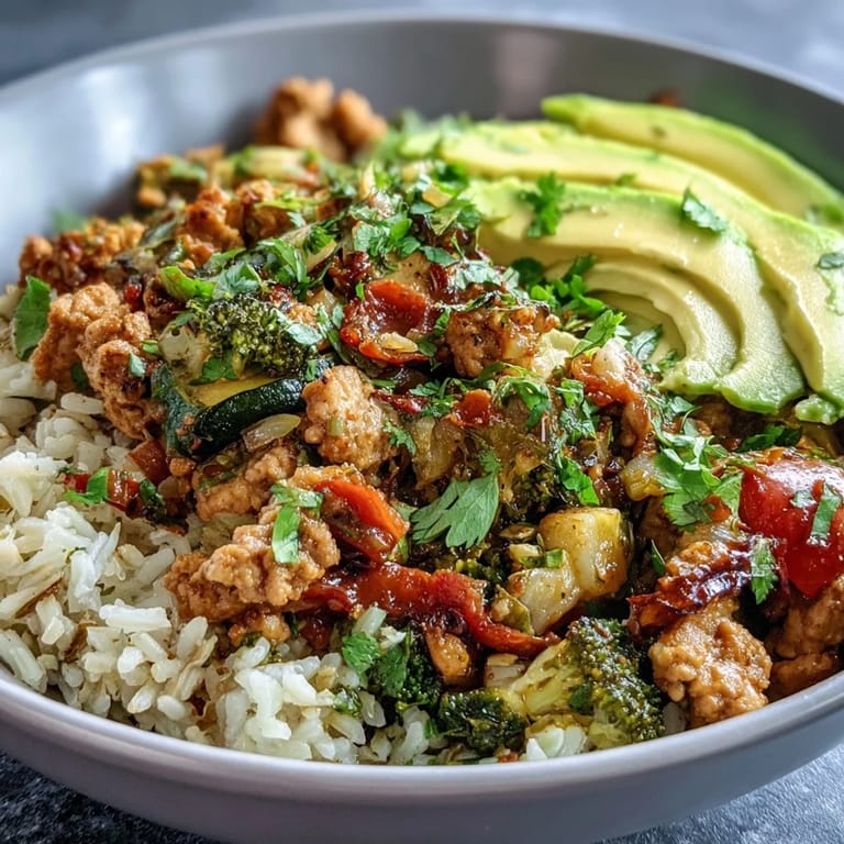Close-up of a wholesome Ground Turkey Bowl with fluffy brown rice, vibrant roasted vegetables, and a squeeze of fresh lime.