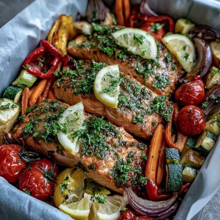 A close-up of flaky, tender Sheet Pan Salmon and Veggies Bowl garnished with fresh parsley and lemon wedges, served as a vibrant gluten-free meal.