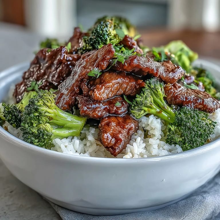 Family-style Asian-inspired Beef and Broccoli Bowl with fluffy rice, garnished with green onions and sesame seeds.