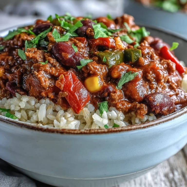 Spicy chili bowl base ladled over rice, finished with sour cream, green onions, and fresh cilantro.