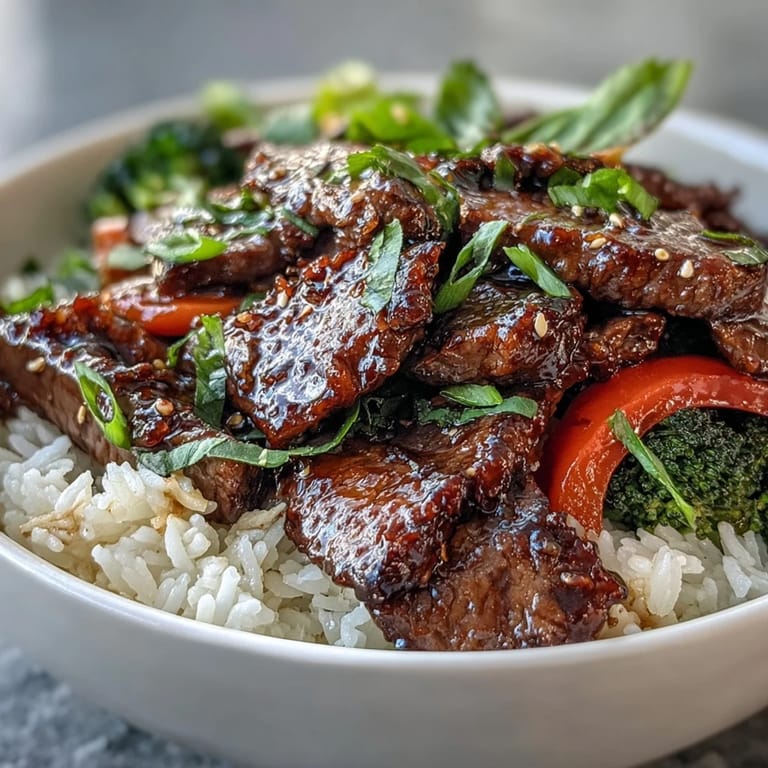 Hot homemade teriyaki beef bowl, garnished with green onions and sesame seeds, served as an easy weeknight main dish.