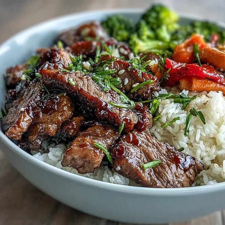 A savory Japanese-style teriyaki beef bowl with tender beef, broccoli, carrots, and red bell peppers over steamed rice.