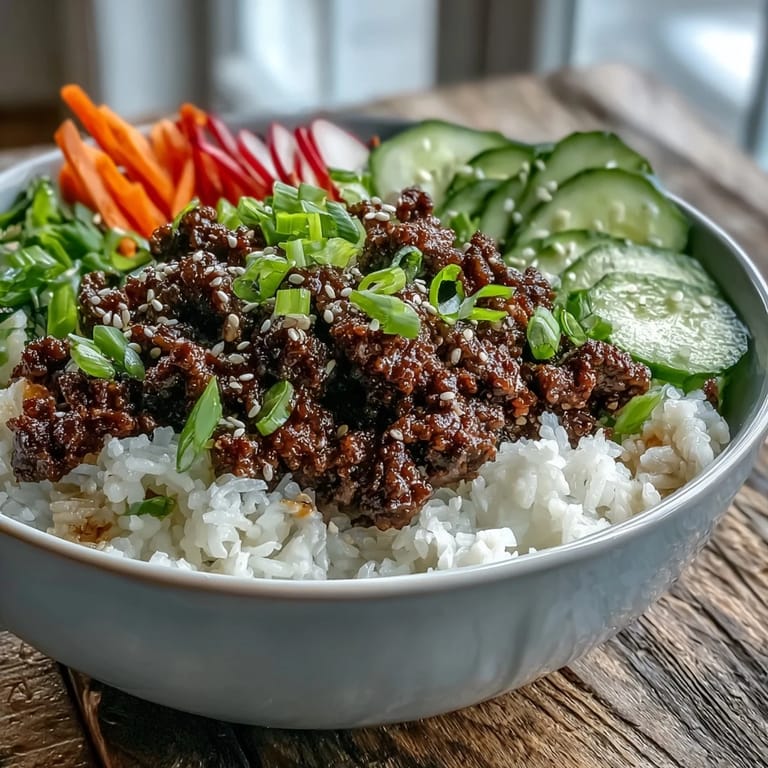 Close-up of sizzling Korean Ground Beef Bowl in a skillet with garlic and ginger, ready to be scooped over fluffy rice or cauliflower rice.