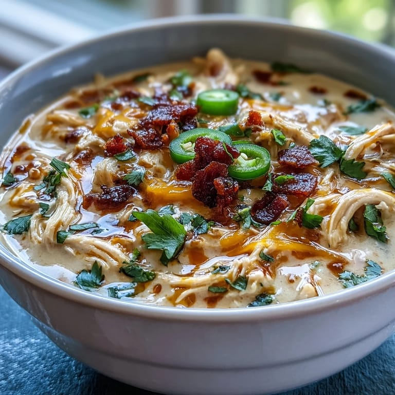 Savory Spicy Jalapeño Popper Chicken Soup simmering in a pot, blending diced jalapeños and cream cheese.