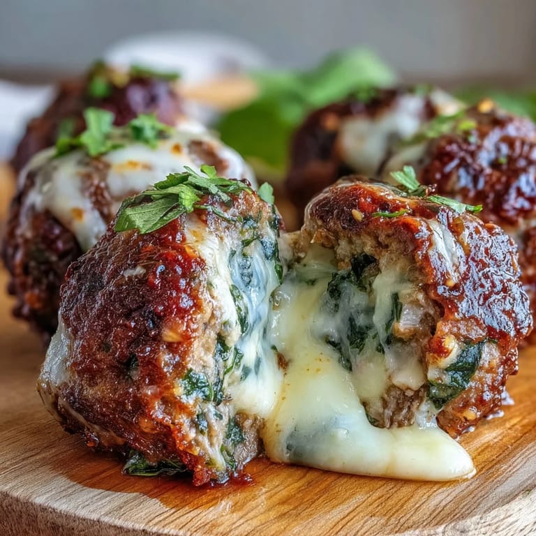 Hand-held Spinach Garlic Meatballs on a rustic wooden board, showcasing juicy interiors with visible spinach and mozzarella, perfect for party appetizers.