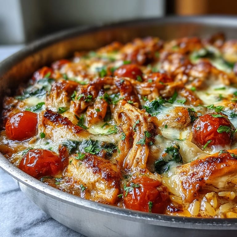 Fresh basil and ricotta dollops top the skillet of One-Pan Creamy Chicken Lasagna Orzo, alongside vibrant halved cherry tomatoes.