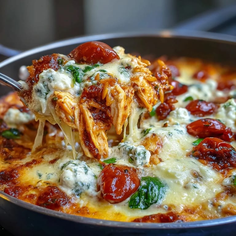 A spoon scoops into the One-Pan Creamy Chicken Lasagna Orzo, revealing its rich sauce, perfectly cooked orzo, and shredded chicken.