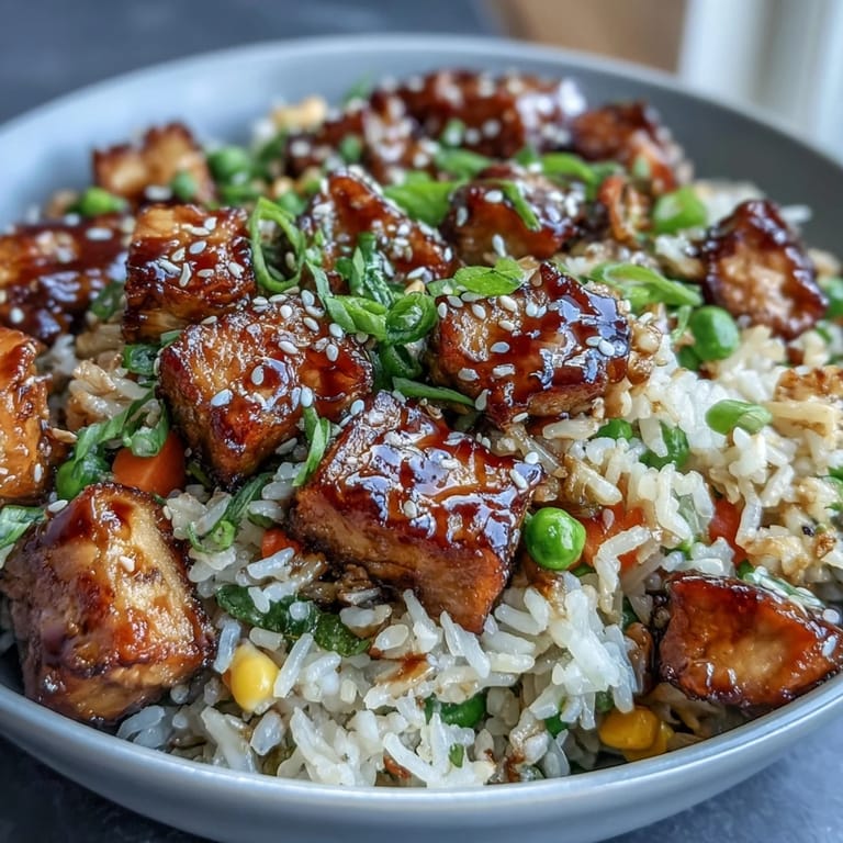 Garnished with toasted sesame seeds and scallions, this vegetarian Crispy Sesame Tofu Fried Rice is ready to serve.