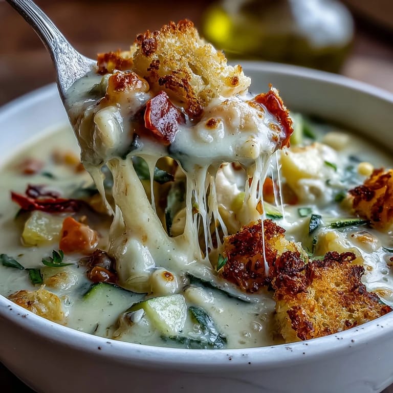 A spoon lifting a ladle of Creamy Garlic Parmesan Veggie Soup, showcasing its rich, cheesy texture and colorful vegetables.