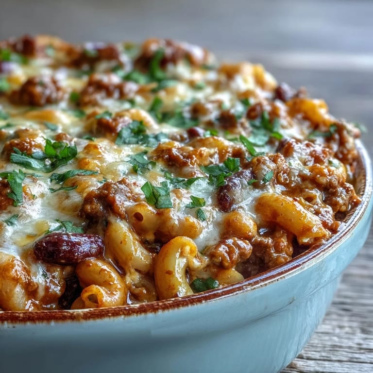 Creamy Baked Ranch Turkey Chili Mac is served in a bowl, garnished with fresh cilantro and sour cream. 