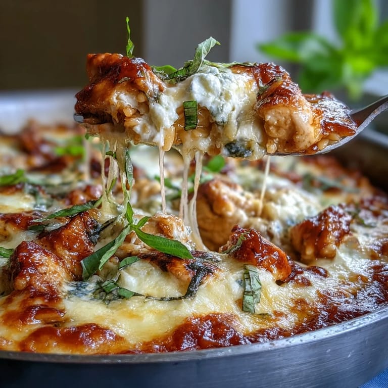 A hearty scoop of One-Pan Creamy Chicken Lasagna Orzo lifted from the pan, revealing creamy ricotta and saucy orzo with chicken.