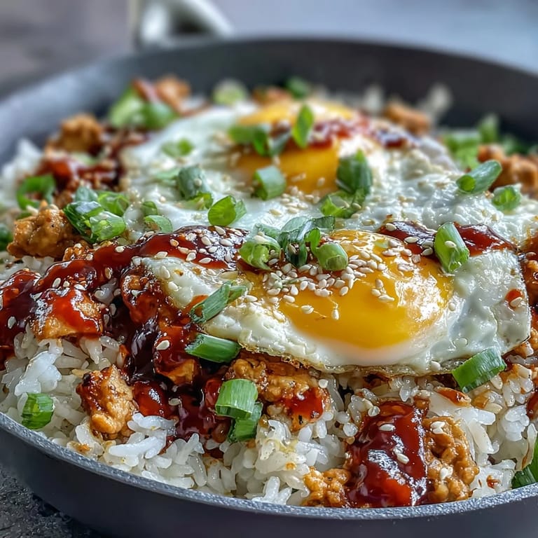 A spoon lifts creamy rice, ground turkey, and spinach from this skillet, with a side of kimchi.