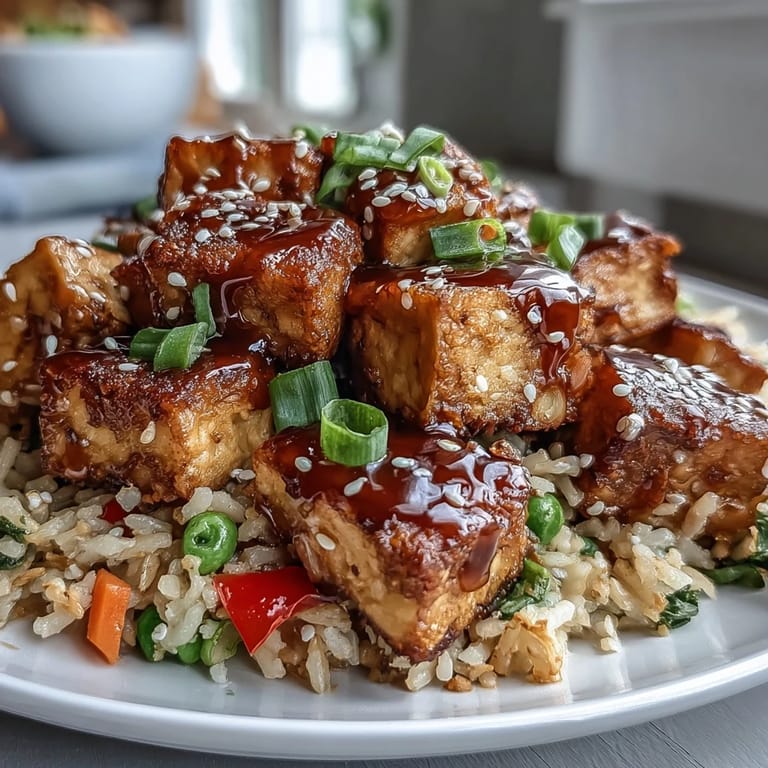 A hearty bowl of vegetarian Crispy Sesame Tofu Fried Rice with bell peppers, peas, and caramelized tofu.