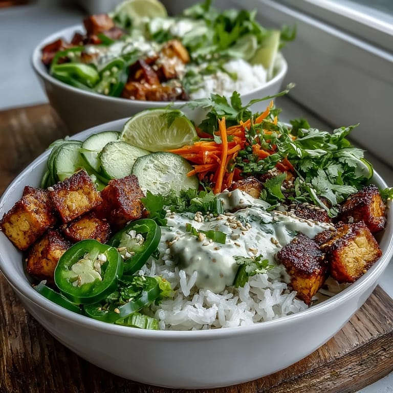 A vibrant bowl of Vegan Crispy Tofu Banh Mi with pickled carrots, cucumber, and fresh jalapeño slices. 