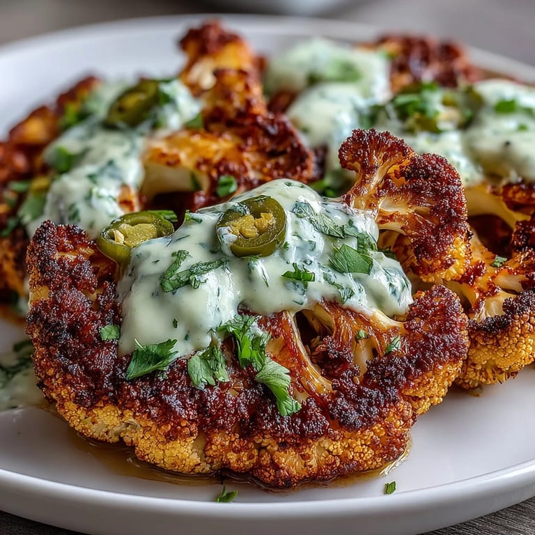 Golden-brown Keto Chili Lime Cauliflower Steaks topped with a vibrant avocado crema drizzle and sliced jalapeños for heat.