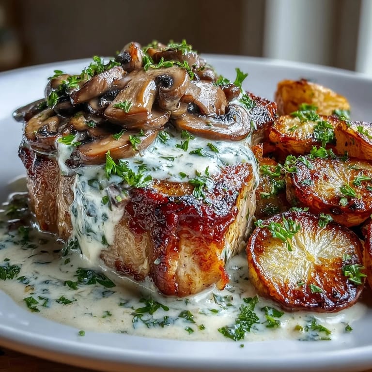 A skillet of creamy Keto Creamy Mushroom Pork Chops topped with fresh parsley and tender roasted radishes for a low-carb meal.