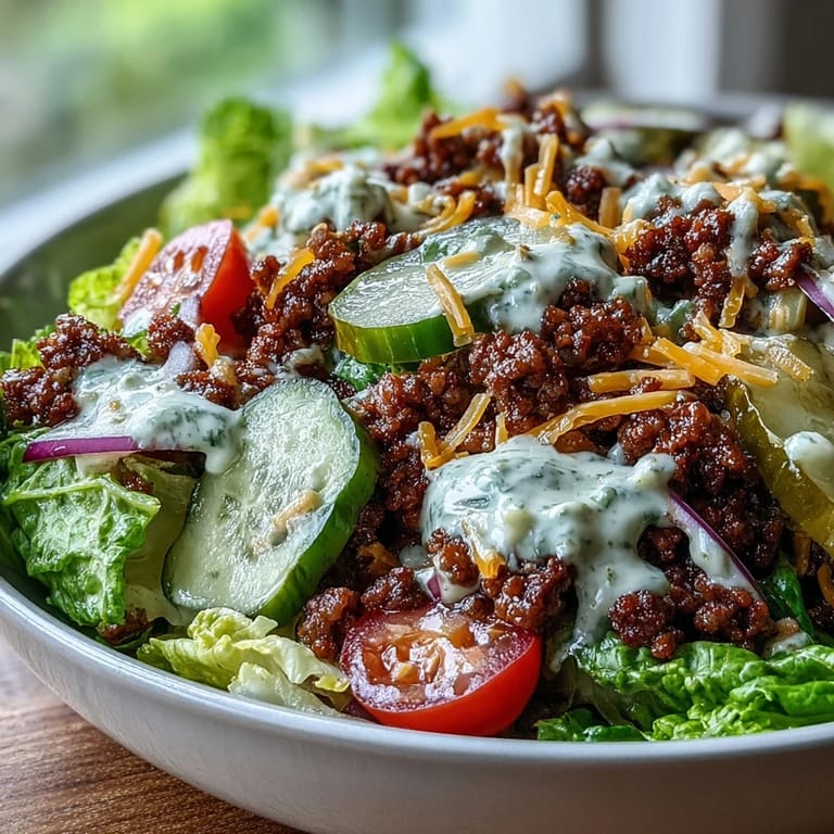 Assembled High-Protein Cheeseburger Bowls with ground beef, crisp lettuce, onions, and tangy burger sauce drizzled over the top.