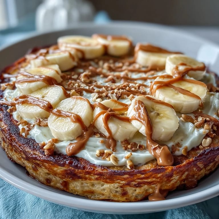 Serving suggestion for High-Protein Breakfast Pizza Bowl topped with bananas and peanut butter drizzle.
