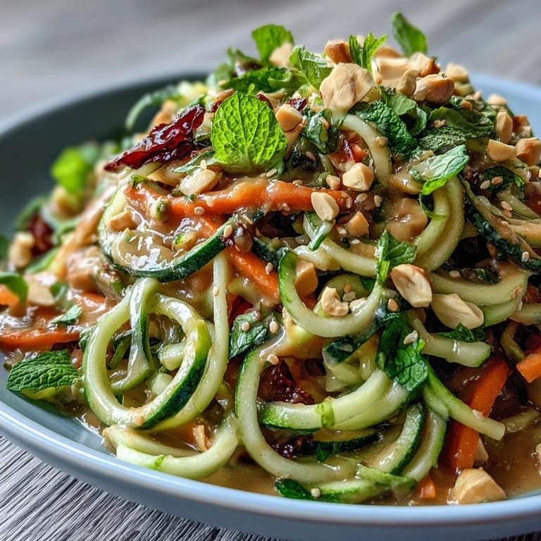 Refreshing Thai-inspired zucchini noodle salad with crisp veggie ribbons and creamy peanut dressing for a light meal.