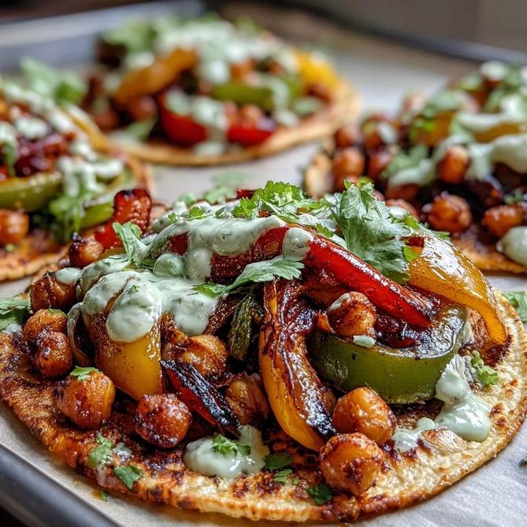 Colorful roasted peppers, zucchini, and chickpeas served in warm tortillas with zesty guac yogurt drizzle.  