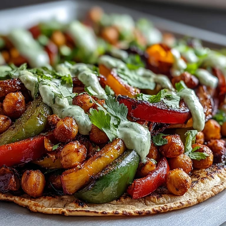 Easy plant-based sheet pan fajitas featuring a medley of roasted vegetables and chickpeas with a tangy yogurt topping.