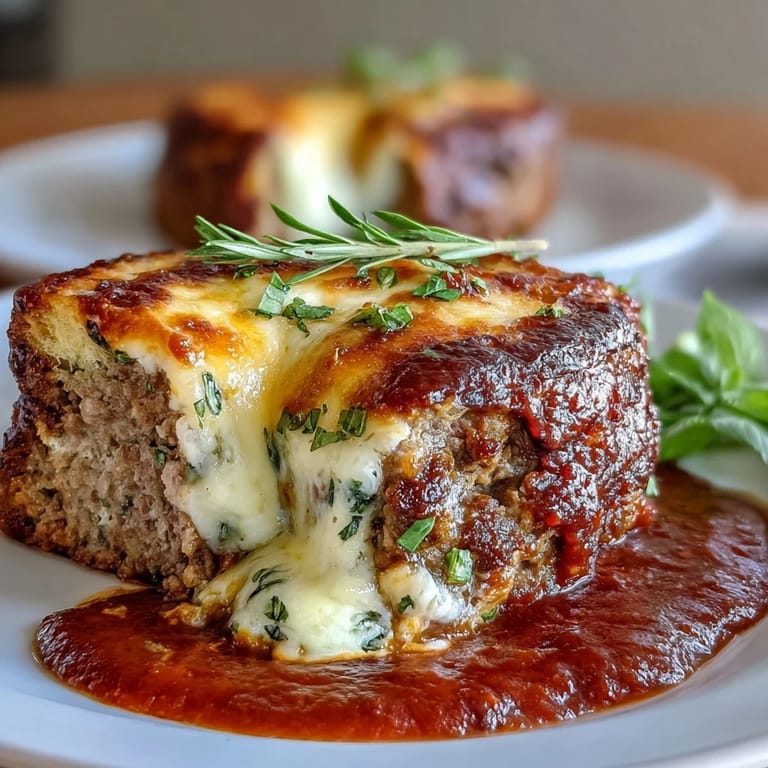 Sliced Italian meatloaf oozing with mozzarella, surrounded by savory marinara, garnished with fresh parsley for serving.