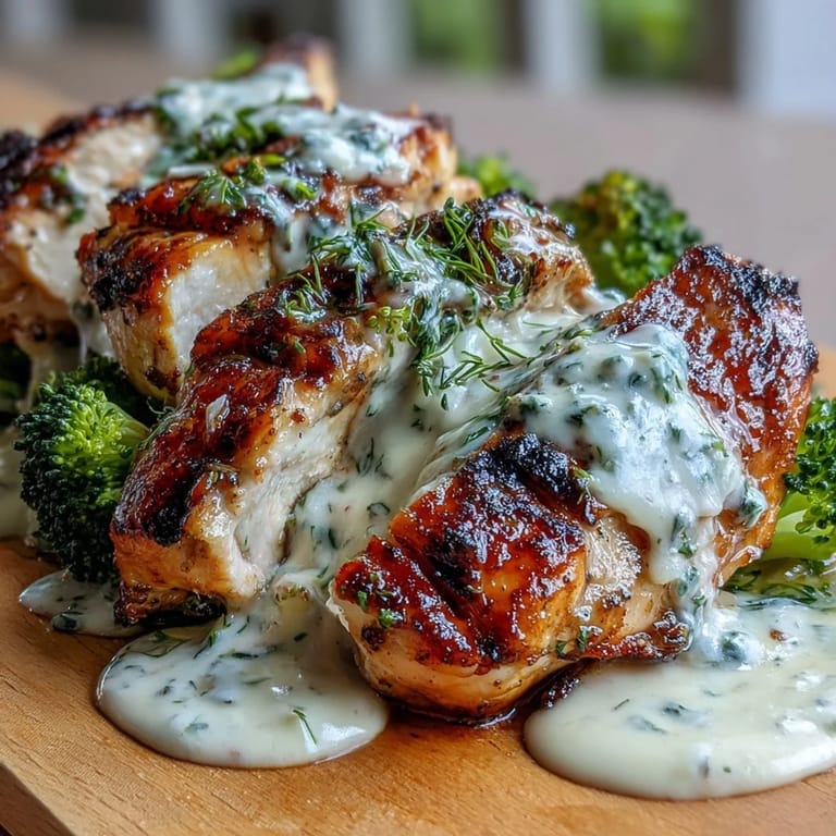 Healthy and satisfying keto meal featuring tender broccoli, grilled chicken, and a smooth creamy garlic sauce.