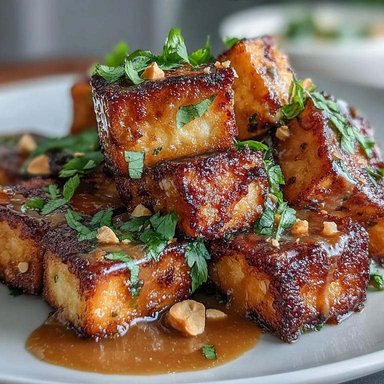 Golden, crispy tofu served with rich peanut sauce, perfect as a plant-based appetizer or main dish.