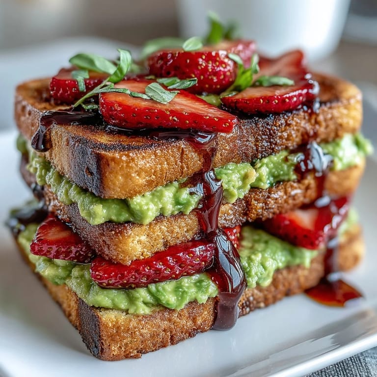 3. Sweet and savory avocado toast featuring juicy strawberries, fresh basil, and a tangy balsamic glaze, ideal for festive brunches.